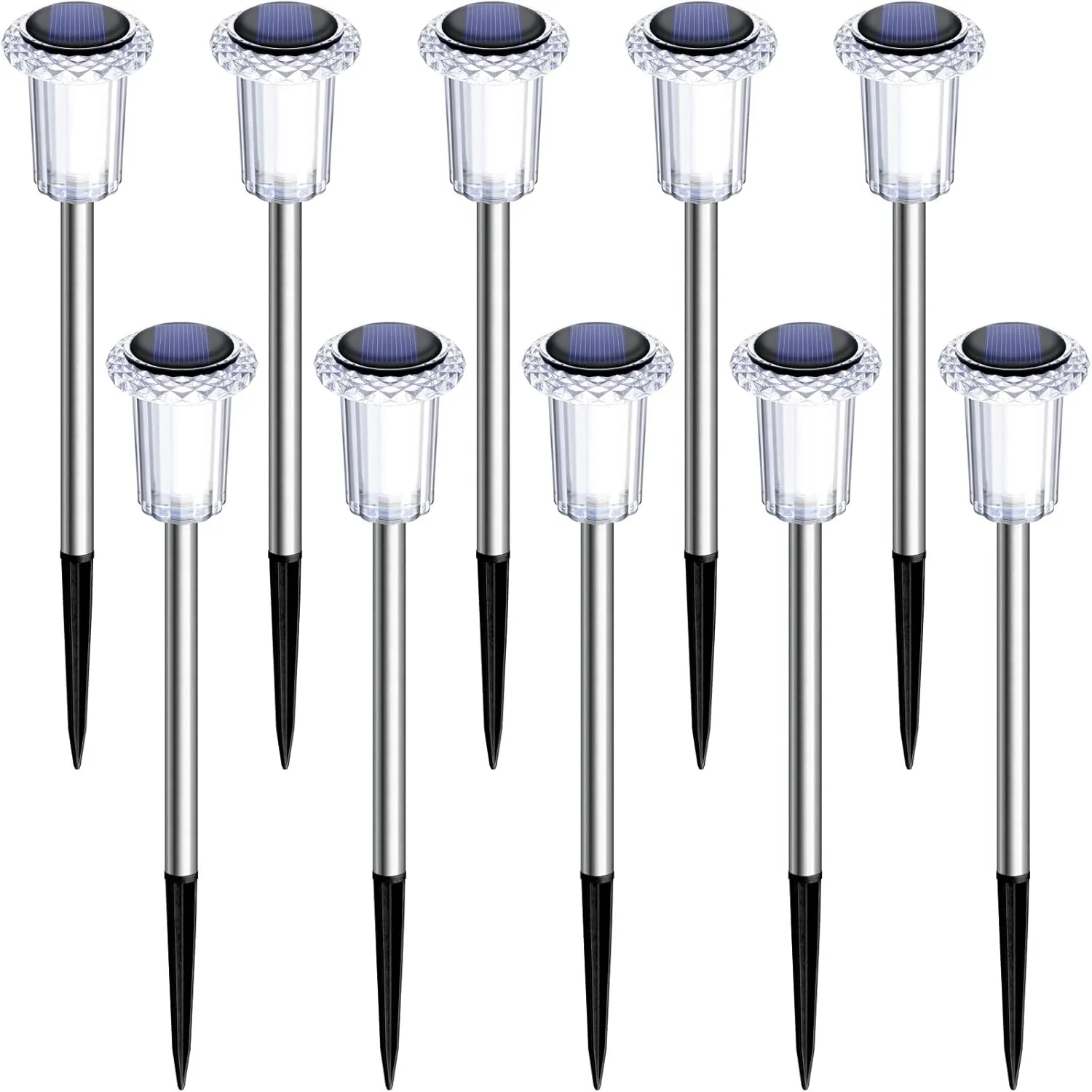 Solar Pathway Lights 10 Pack Solar Outdoor Lights, Led Waterproof Yard Walkway Lighting Stainless Steel Garden Stake for Outside, Path, Landscape, Lawn, Driveway, Backyard(Cold White)