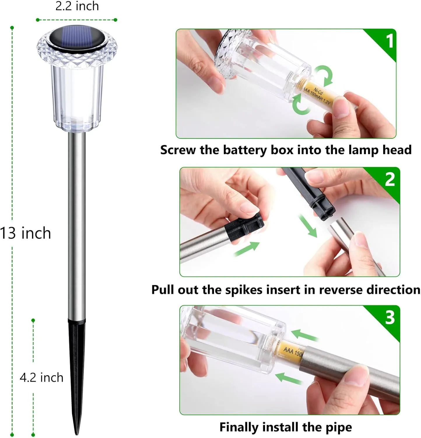 Solar Pathway Lights 10 Pack Solar Outdoor Lights, Led Waterproof Yard Walkway Lighting Stainless Steel Garden Stake for Outside, Path, Landscape, Lawn, Driveway, Backyard(Cold White)
