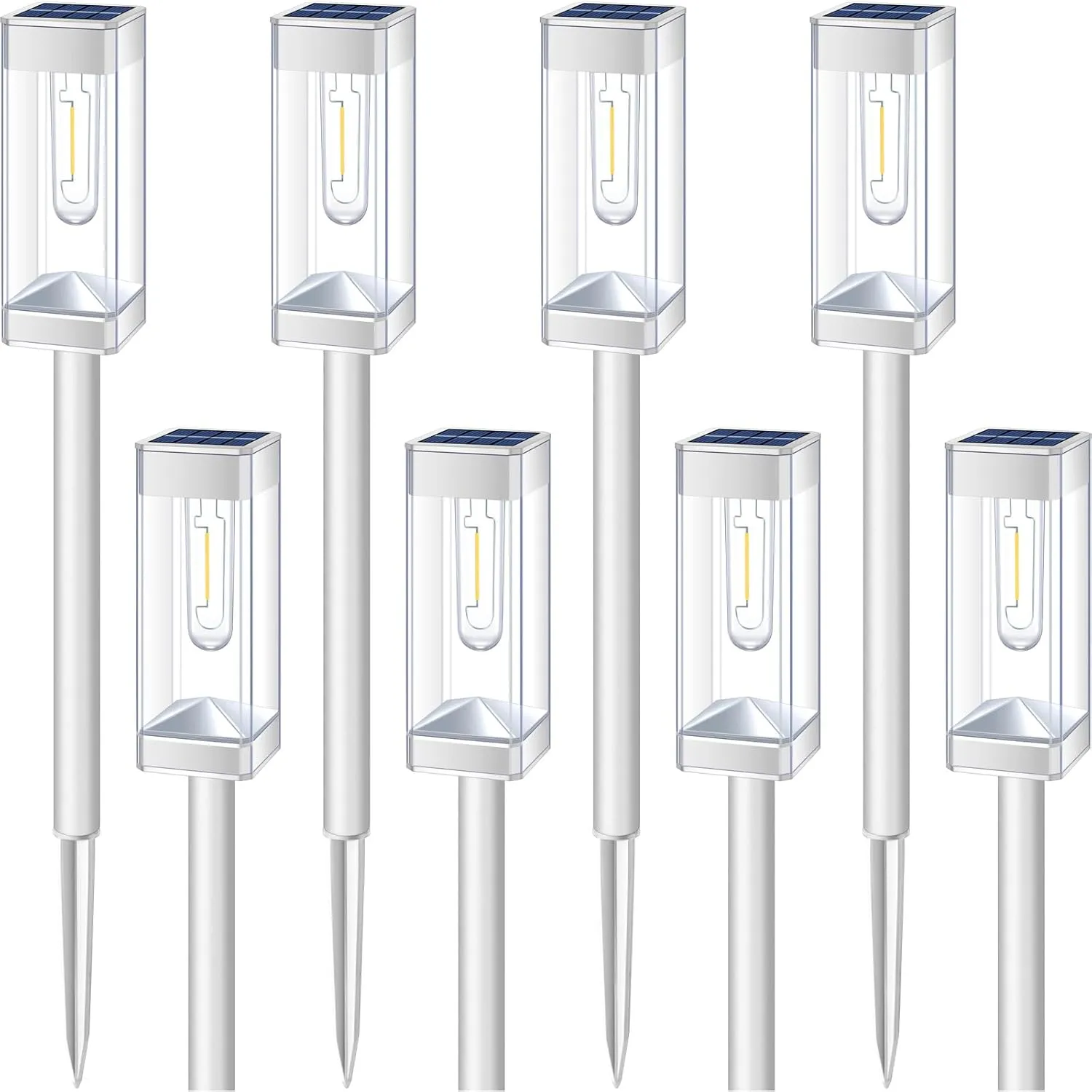 Solar Pathway Lights 8 Pack Solar Outdoor Lights with LED Tungsten Filament Bulb Waterproof Stainless Steel Garden Lighting for Outside Driveway Landscape Lawn Path Christmas (White)