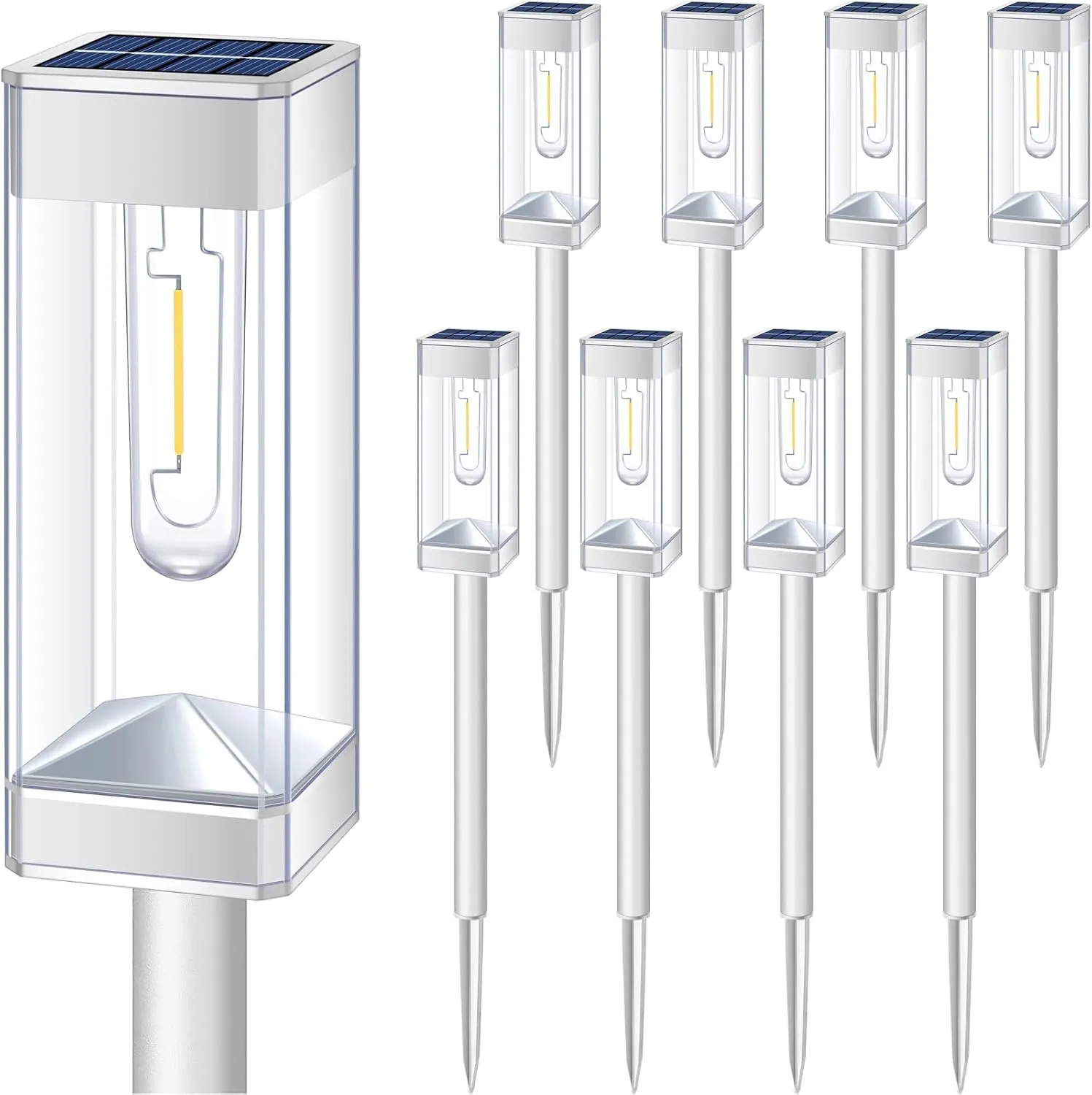 Solar Pathway Lights 8 Pack Solar Outdoor Lights with LED Tungsten Filament Bulb Waterproof Stainless Steel Garden Lighting for Outside Driveway Landscape Lawn Path Christmas (White)