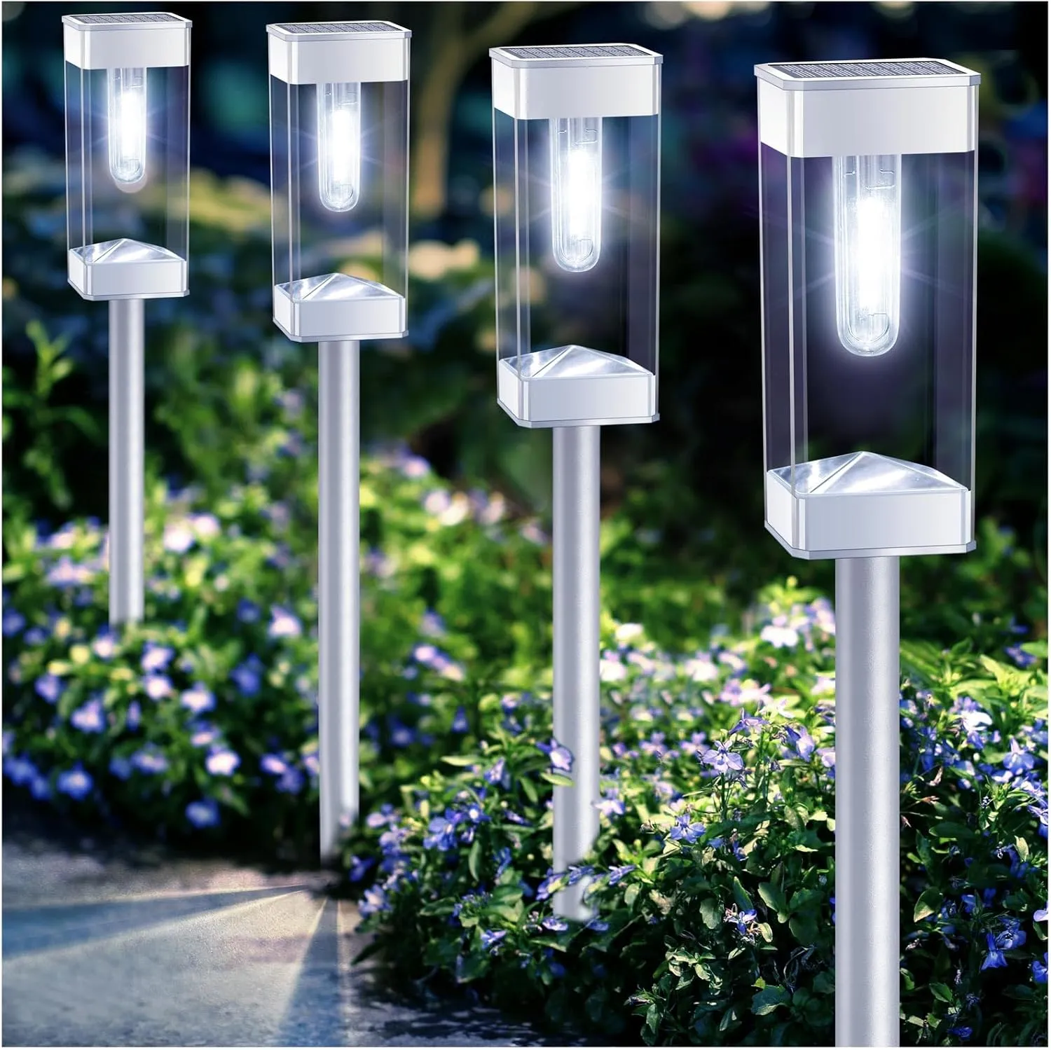 Solar Pathway Lights 8 Pack Solar Outdoor Lights with LED Tungsten Filament Bulb Waterproof Stainless Steel Garden Lighting for Outside Driveway Landscape Lawn Path Christmas (White)