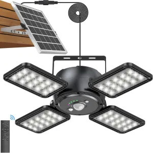 Solar Pendant Light Outdoor Indoor Solar Powered Motion Sensor Shed Light,144LED 1200LM Daytime Work with 5 Lighting Modes Remote Control 4 Heads IP65 Waterproof for Garage Gazebo Barn