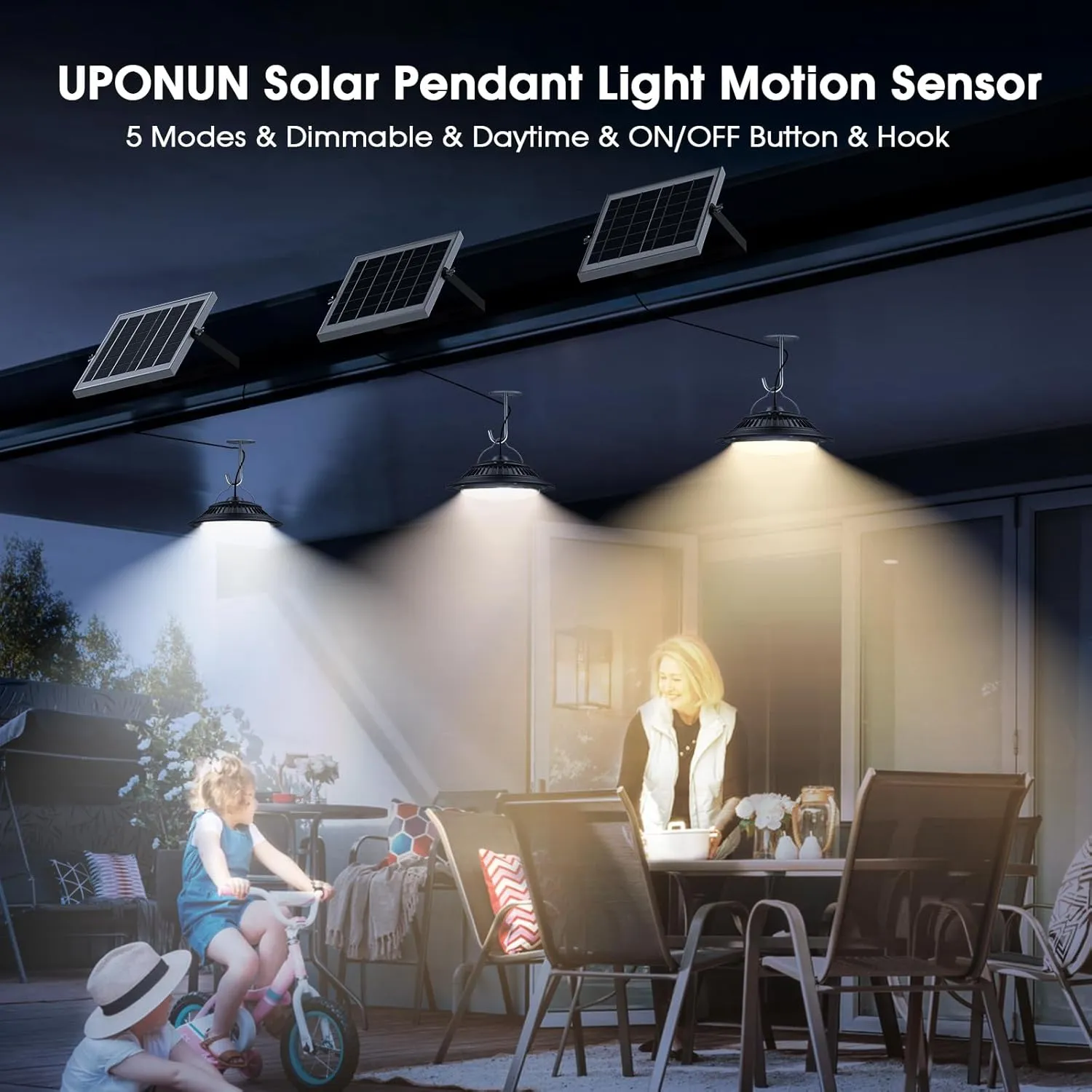 Solar Pendant Lights Motion Sensor, 5 Modes Dimmable 6000K/4000K/3200K Solar Shed Lights with ON Off Switch & Remote, Daytime Waterproof Indoor/Outdoor Hanging Chandelier for Barn Chicken Coop