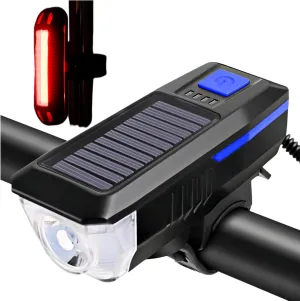 Solar Powered Bike Light, 3 Modes LED Headlight & Waterproof Bell, USB Rechargeable, Perfect for Road and Mountain Bikes
