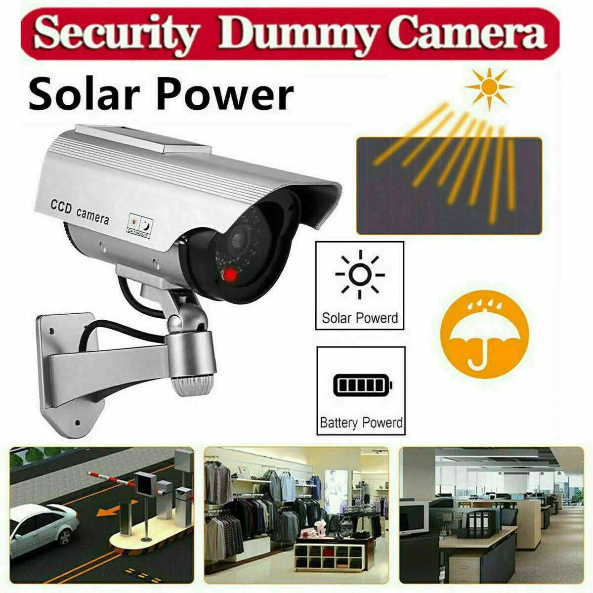 Solar Powered Fake Security Camera Outdoor Blinking LED Light Surveillance