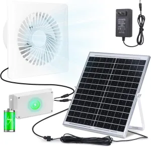 Solar Powered Fan Pro w 6000mAh Battery Run Day/Night, 9.5" Exhaust Fan  20W Solar Panel for Greenhouse Air Cooling Circulation with 16Ft On/Off Cable, Intake for Shed, Chicken Coop