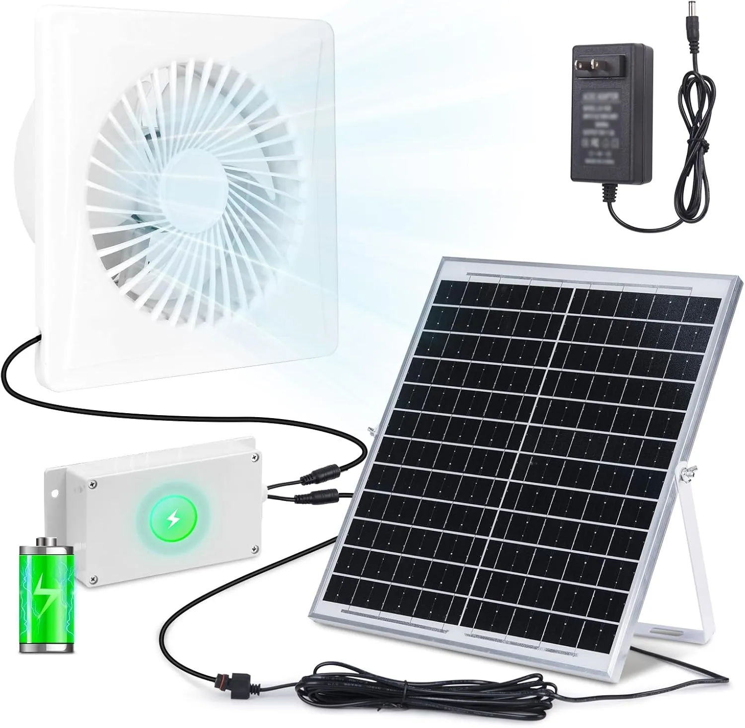 Solar Powered Fan Pro w 6000mAh Battery Run Day/Night, 9.5" Exhaust Fan  20W Solar Panel for Greenhouse Air Cooling Circulation with 16Ft On/Off Cable, Intake for Shed, Chicken Coop