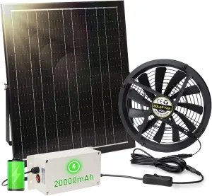 Solar Powered Fans with Battery Backup 20000mAh Work Day & Night, 42W 9.8" Solar Exhaust Fan for Chicken Coop Shed Greenhouse Dog House, Waterproof Ventilation Fan for Outside with ON/Off Switch