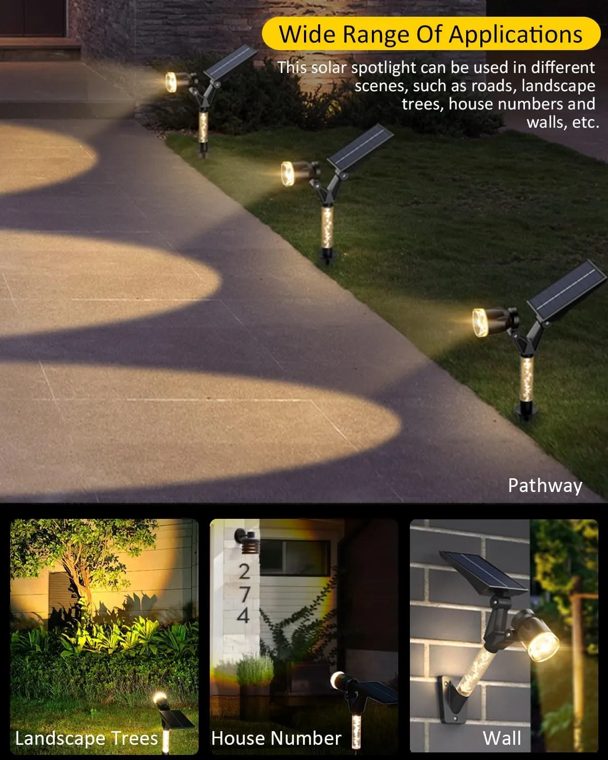 Solar Spot Lights Outdoor Waterproof IP65, 180 Lumens 3000K Warm White Solar Powered Outdoor Lights, Smart Circuit for All-Night Illumination Outdoor Solar Lights for Yard, House, Garden, Pathway, 4PK