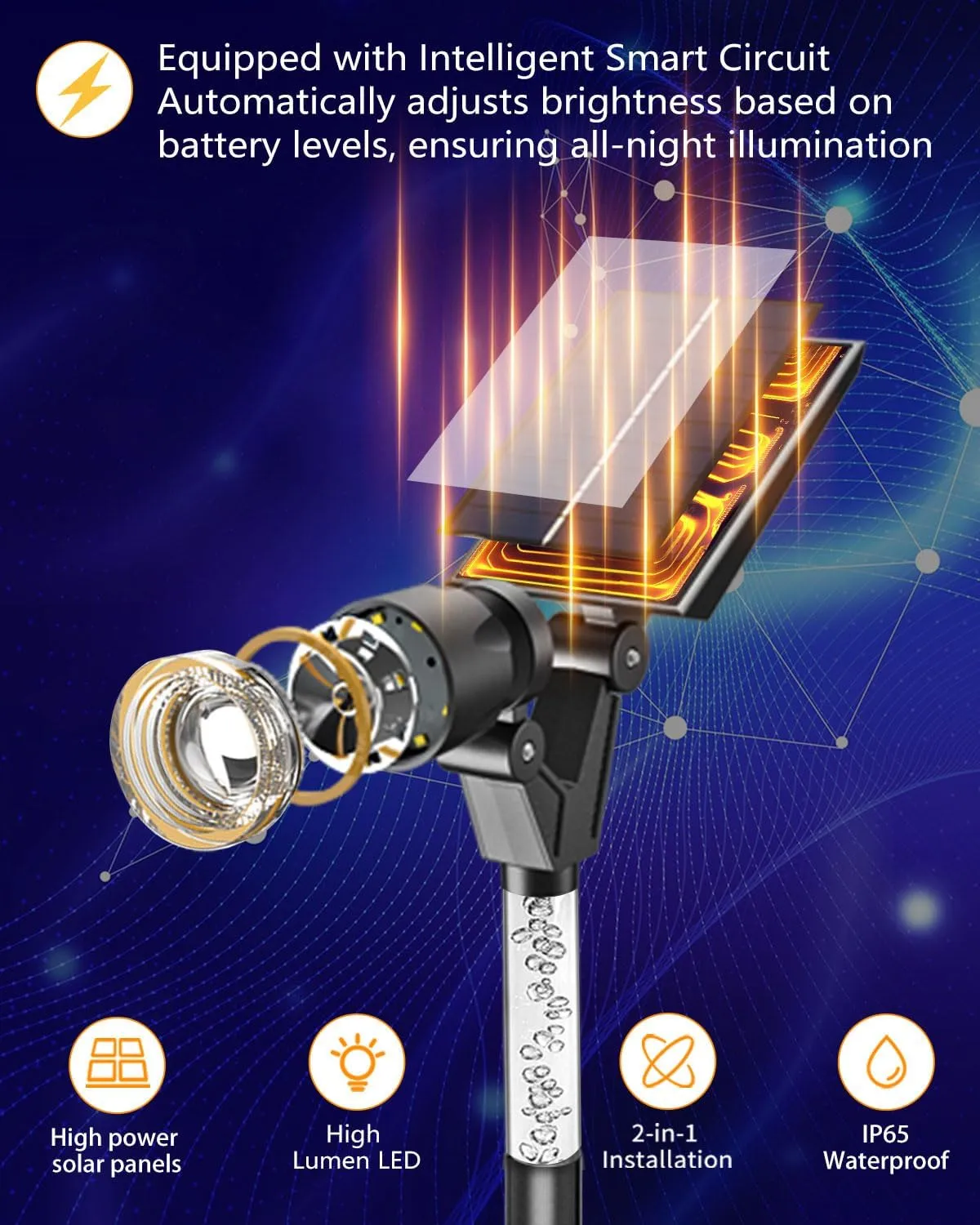 Solar Spot Lights Outdoor Waterproof IP65, 180 Lumens 3000K Warm White Solar Powered Outdoor Lights, Smart Circuit for All-Night Illumination Outdoor Solar Lights for Yard, House, Garden, Pathway, 4PK