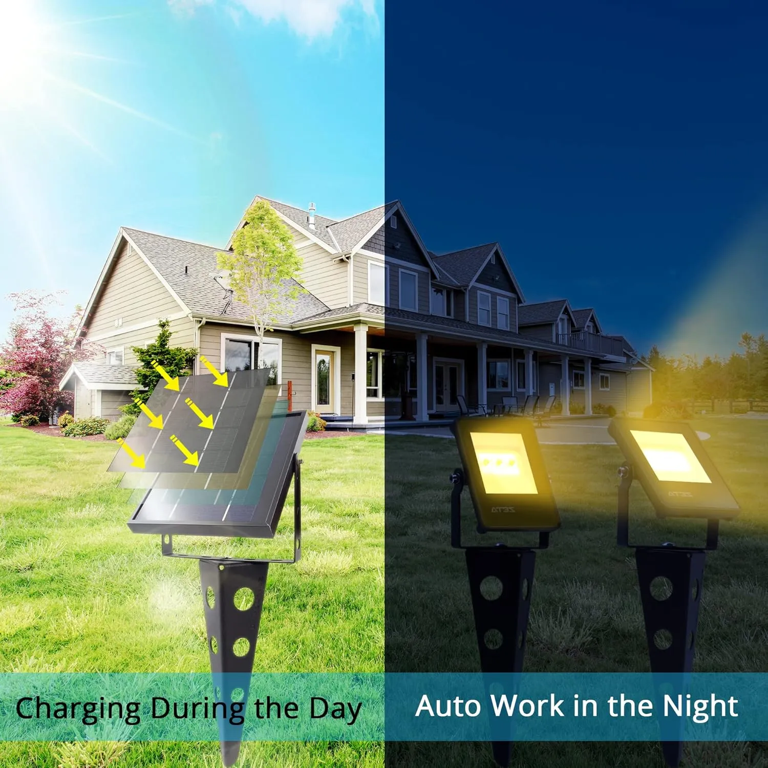 Solar Spotlights Outdoor Waterproof, Zeta 3-in-1 Spot Lights Metal Warm White Auto On/Off Dusk to Dawn Landscape Flag Pole Uplights for Outside House Trees Garden Yard Driveway Pathway Lawn