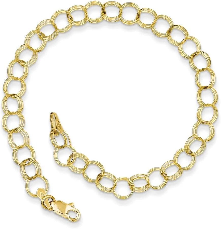 Solid 10k Yellow Gold Triple Link Charm Bracelet - with Secure Lobster Lock Clasp 8"