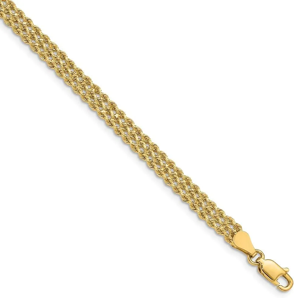 Solid 14k Yellow Gold 4.5mm Wide Triple Strand Rope Bracelet - with Secure Lobster Lock Clasp 7"