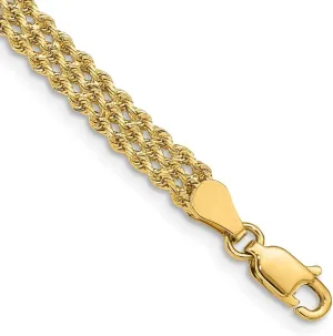 Solid 14k Yellow Gold 4.5mm Wide Triple Strand Rope Bracelet - with Secure Lobster Lock Clasp