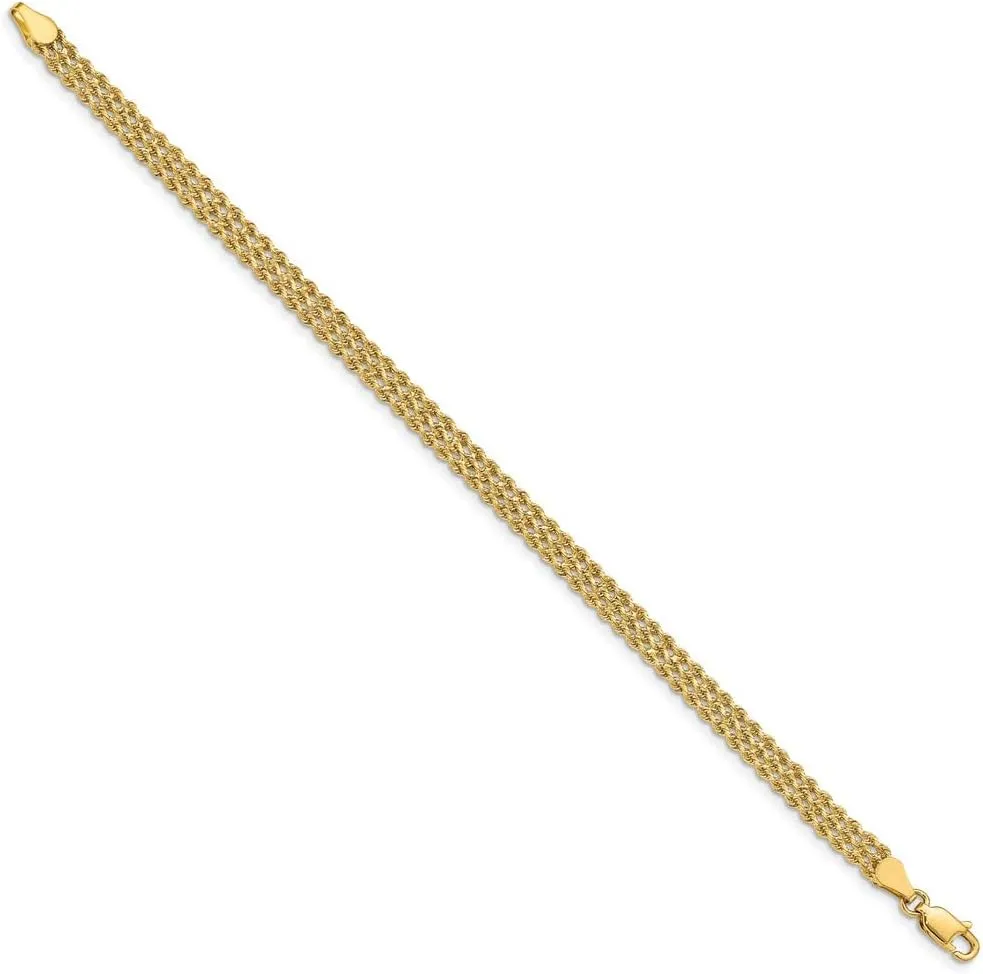 Solid 14k Yellow Gold 4.5mm Wide Triple Strand Rope Bracelet - with Secure Lobster Lock Clasp