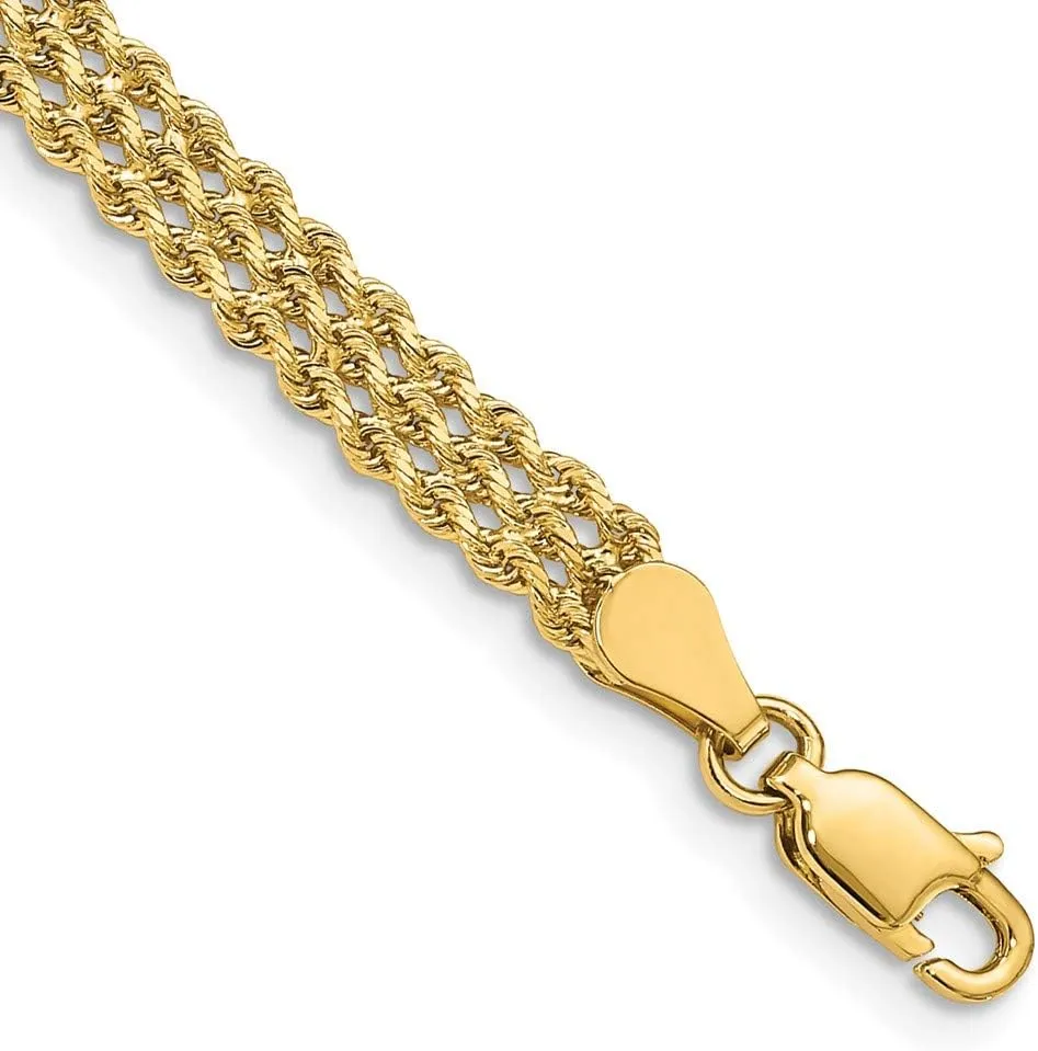 Solid 14k Yellow Gold 4.5mm Wide Triple Strand Rope Bracelet - with Secure Lobster Lock Clasp