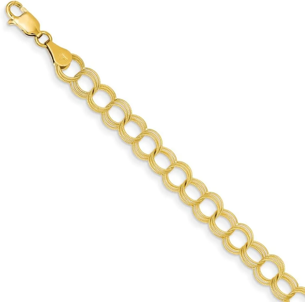 Solid 14k Yellow Gold Solid Triple Link Charm Pendant Bracelet - with Secure Lobster Lock Clasp