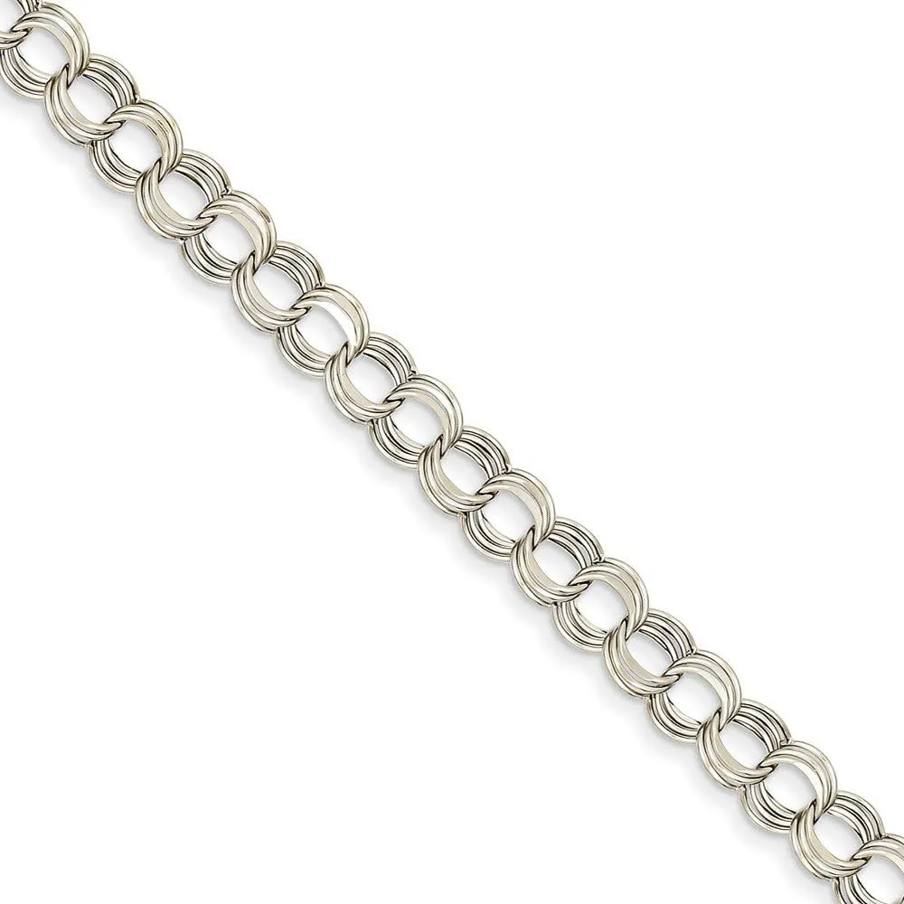 Solid 14k Yellow Gold White Gold Lite Light Weight 7mm Triple Link Charm Pendant Bracelet - with Secure Lobster Lock Clasp 8.25"