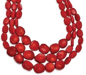 Solid 925 Sterling Silver Red Coral with 2in ext Triple Strand Necklace Chain - with Secure Lobster Lock Clasp (16mm)