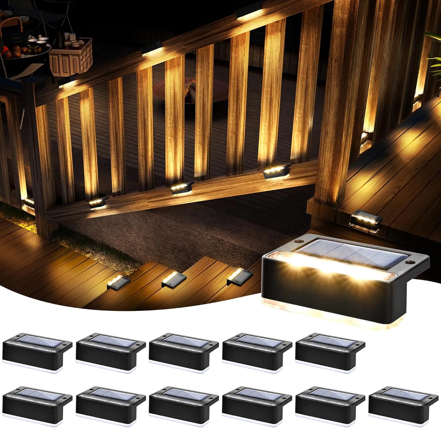 SOLPEX Solar Fence Lights, Solar Deck Lights Outdoor Waterproof Solar Powered for Step, Stair, Balcony,Front Porch,Garden, Walkway,Yard, Patio Decor, IP65 Waterproof (12 Pack, Warm White) 6 LEDs