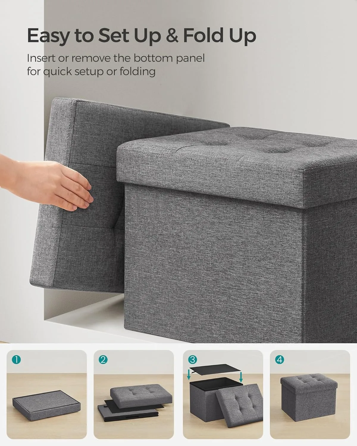 SONGMICS Mazie Collection - Small Folding Storage Ottoman, Foot Rest Stool, 12.2 x 16.1 x 12.2 Inches, 286 lb Load Capacity, for Living Room, Bedroom, Home Office, Dorm, Dark Gray ULSF102G01