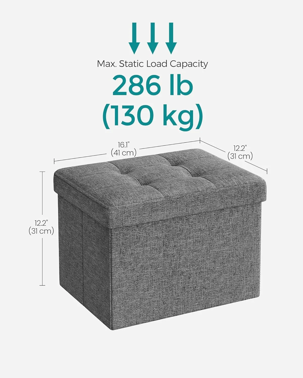 SONGMICS Mazie Collection - Small Folding Storage Ottoman, Foot Rest Stool, 12.2 x 16.1 x 12.2 Inches, 286 lb Load Capacity, for Living Room, Bedroom, Home Office, Dorm, Dark Gray ULSF102G01