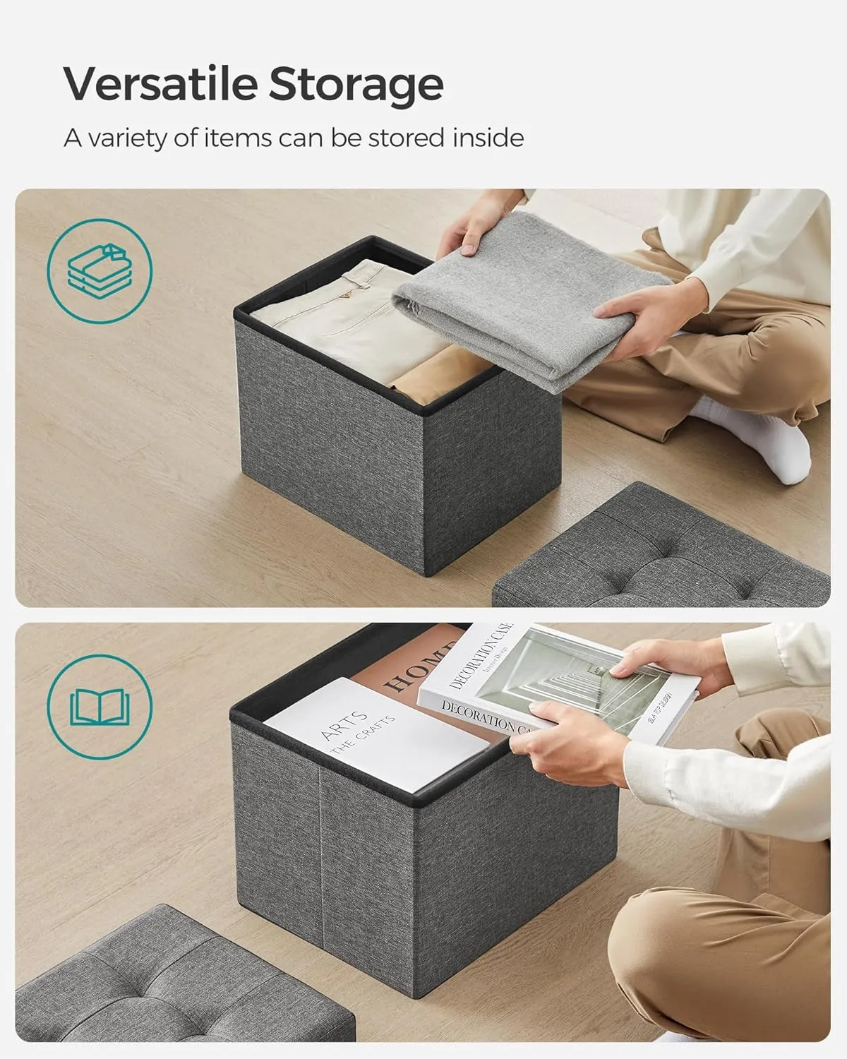SONGMICS Mazie Collection - Small Folding Storage Ottoman, Foot Rest Stool, 12.2 x 16.1 x 12.2 Inches, 286 lb Load Capacity, for Living Room, Bedroom, Home Office, Dorm, Dark Gray ULSF102G01
