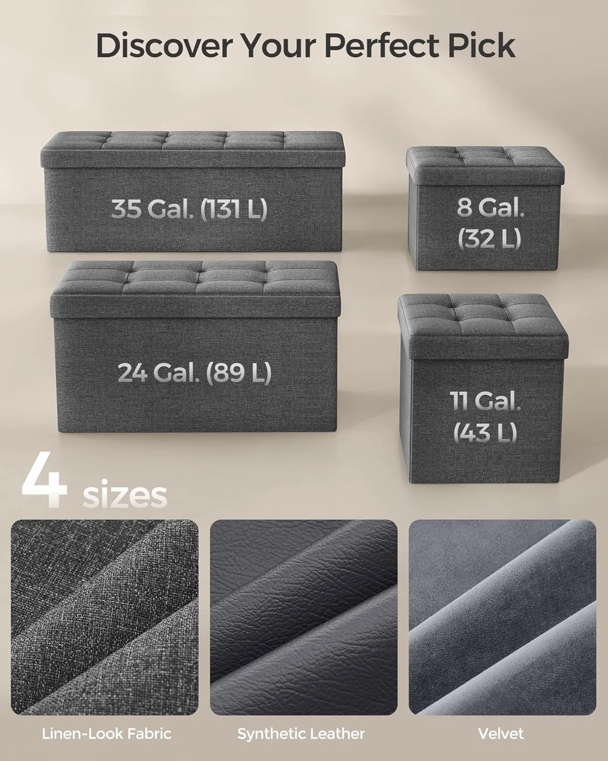 SONGMICS Mazie Collection - Small Folding Storage Ottoman, Foot Rest Stool, 12.2 x 16.1 x 12.2 Inches, 286 lb Load Capacity, for Living Room, Bedroom, Home Office, Dorm, Dark Gray ULSF102G01