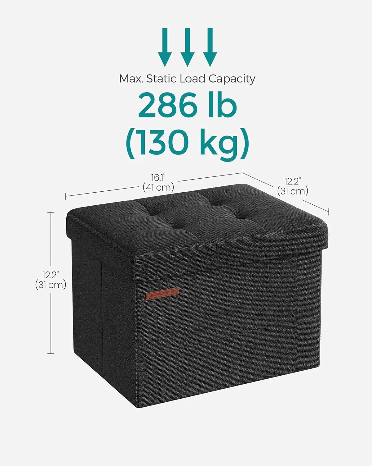 SONGMICS MAZIE Collection - Small Folding Storage Ottoman, Foot Rest Stool, 12.2 x 16.1 x 12.2 Inches, 286 lb Load Capacity, for Living Room, Bedroom, Home Office, Dorm, Ink Black ULSF102B01