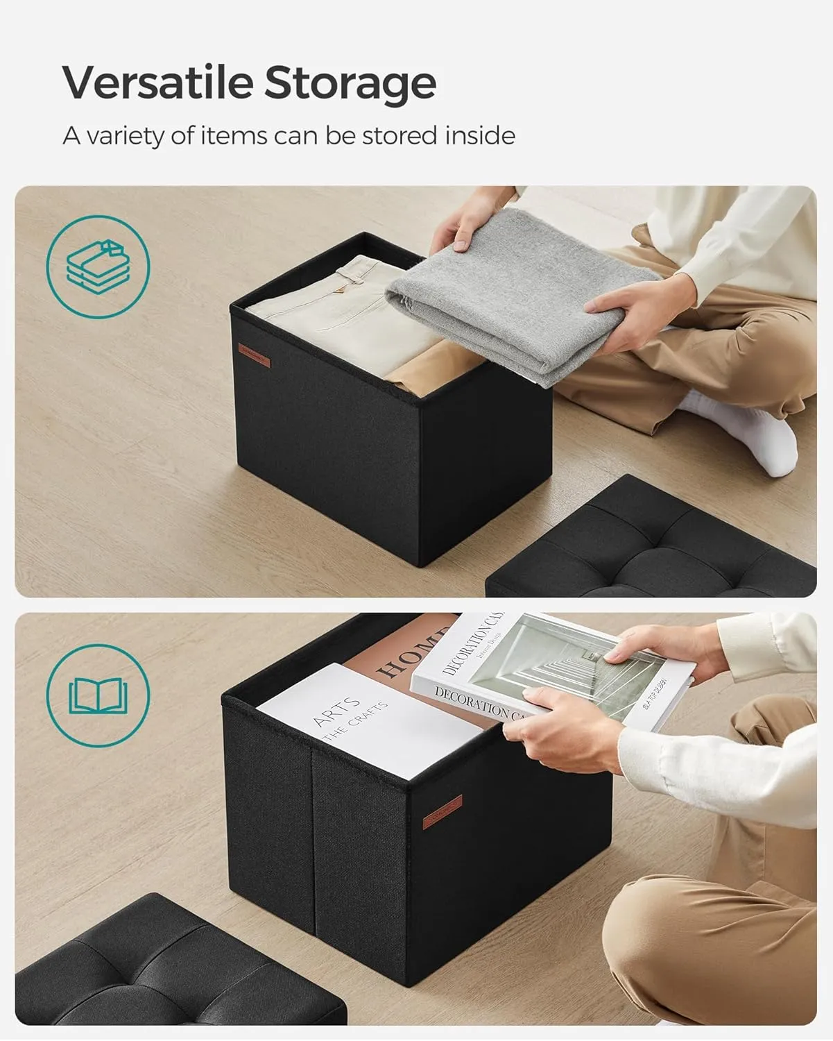 SONGMICS MAZIE Collection - Small Folding Storage Ottoman, Foot Rest Stool, 12.2 x 16.1 x 12.2 Inches, 286 lb Load Capacity, for Living Room, Bedroom, Home Office, Dorm, Ink Black ULSF102B01