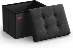 SONGMICS MAZIE Collection - Small Folding Storage Ottoman, Foot Rest Stool, 12.2 x 16.1 x 12.2 Inches, 286 lb Load Capacity, for Living Room, Bedroom, Home Office, Dorm, Ink Black ULSF102B01