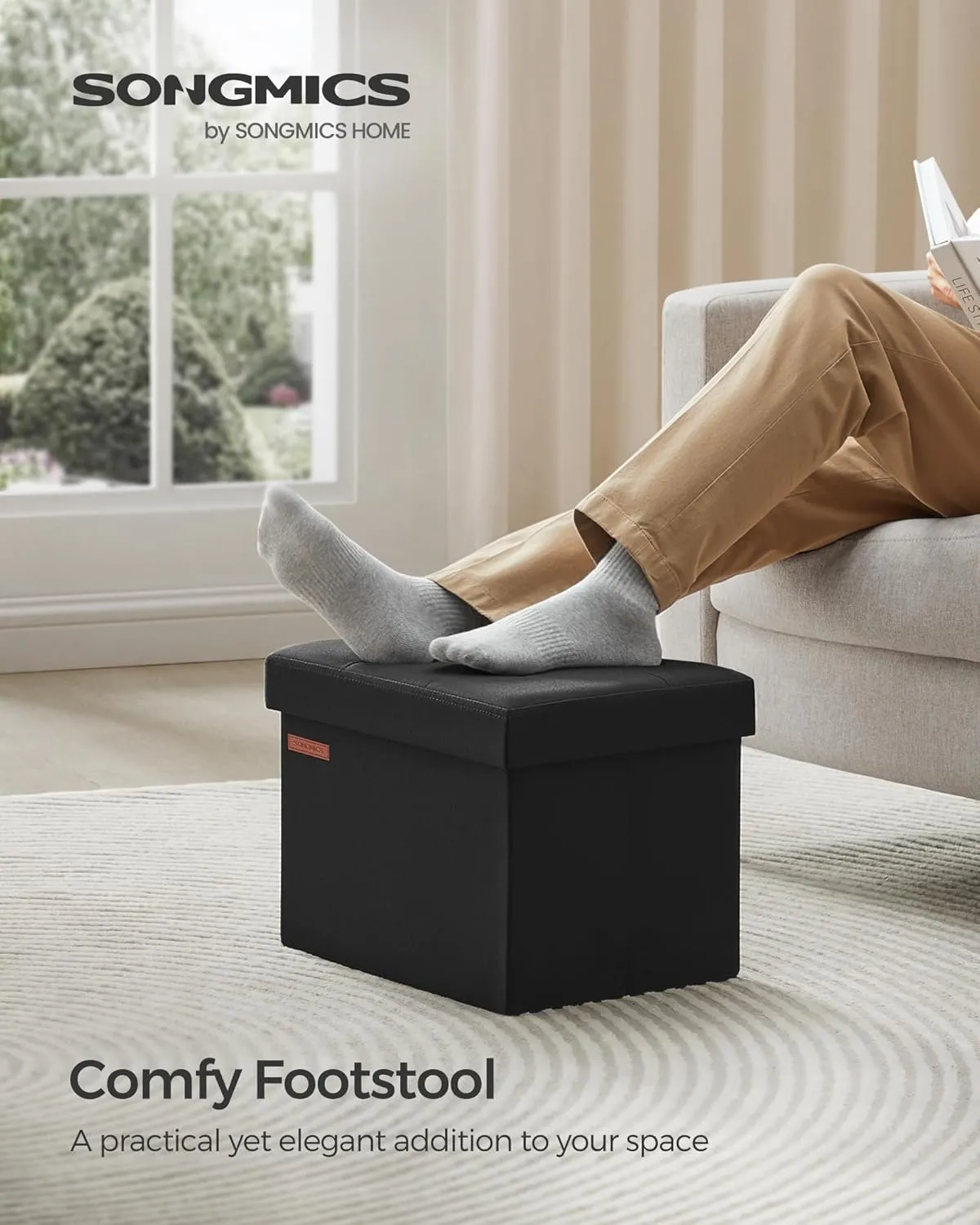 SONGMICS MAZIE Collection - Small Folding Storage Ottoman, Foot Rest Stool, 12.2 x 16.1 x 12.2 Inches, 286 lb Load Capacity, for Living Room, Bedroom, Home Office, Dorm, Ink Black ULSF102B01