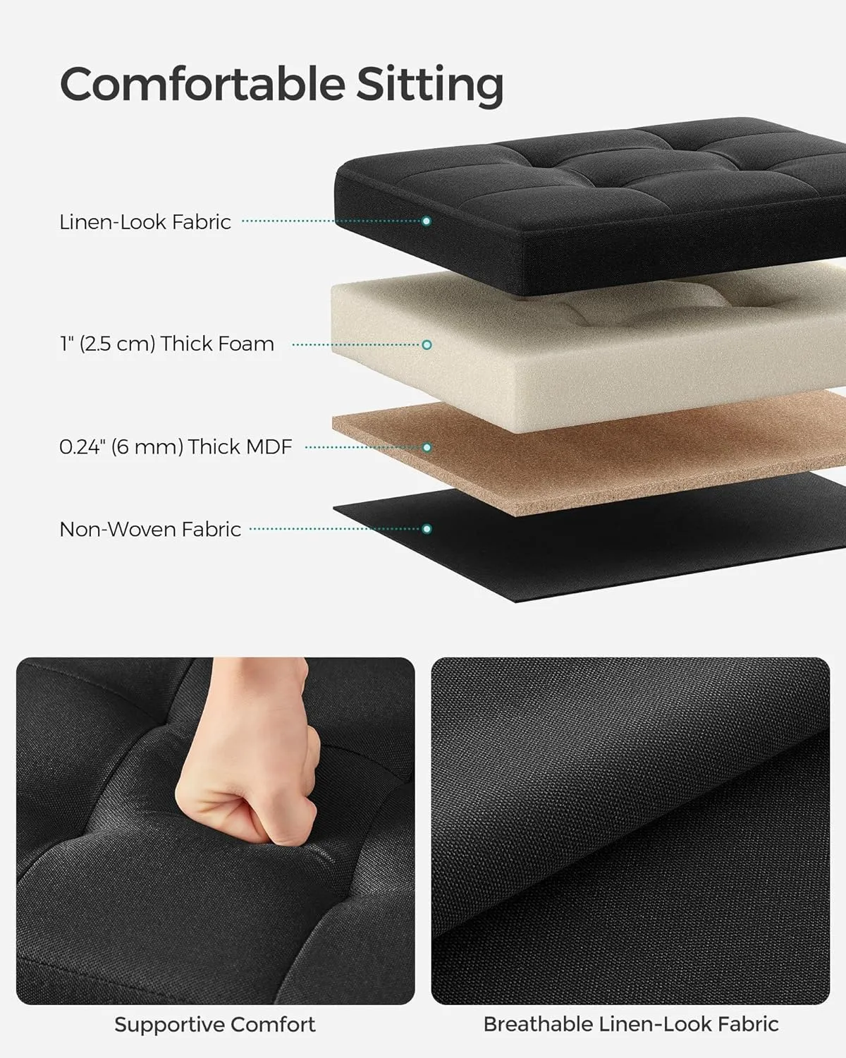 SONGMICS MAZIE Collection - Small Folding Storage Ottoman, Foot Rest Stool, 12.2 x 16.1 x 12.2 Inches, 286 lb Load Capacity, for Living Room, Bedroom, Home Office, Dorm, Ink Black ULSF102B01