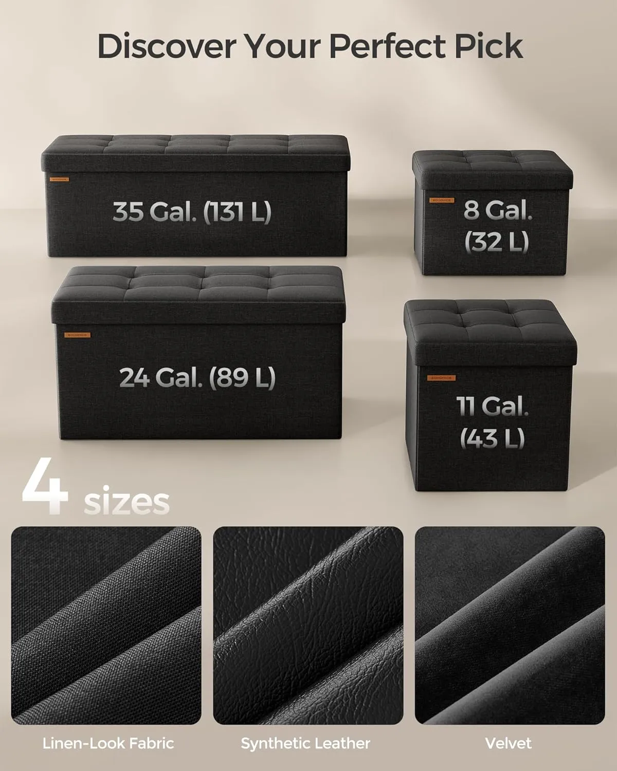 SONGMICS MAZIE Collection - Small Folding Storage Ottoman, Foot Rest Stool, 12.2 x 16.1 x 12.2 Inches, 286 lb Load Capacity, for Living Room, Bedroom, Home Office, Dorm, Ink Black ULSF102B01