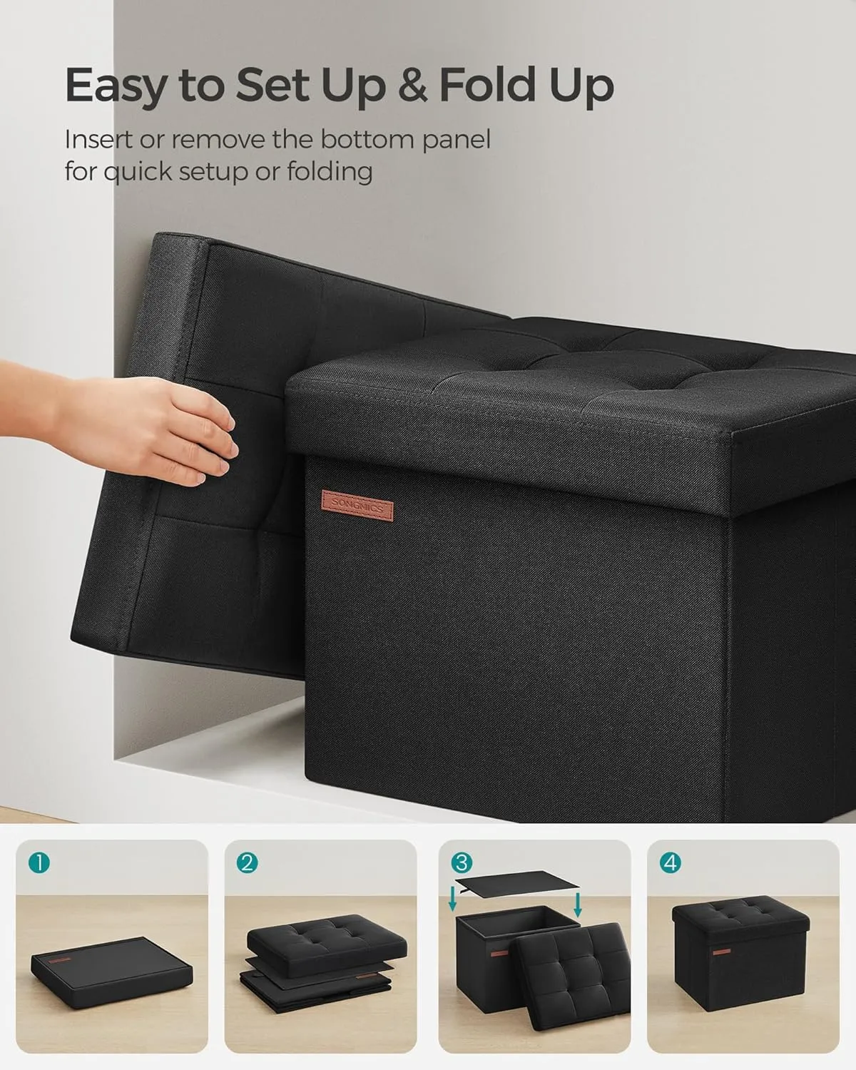 SONGMICS MAZIE Collection - Small Folding Storage Ottoman, Foot Rest Stool, 12.2 x 16.1 x 12.2 Inches, 286 lb Load Capacity, for Living Room, Bedroom, Home Office, Dorm, Ink Black ULSF102B01
