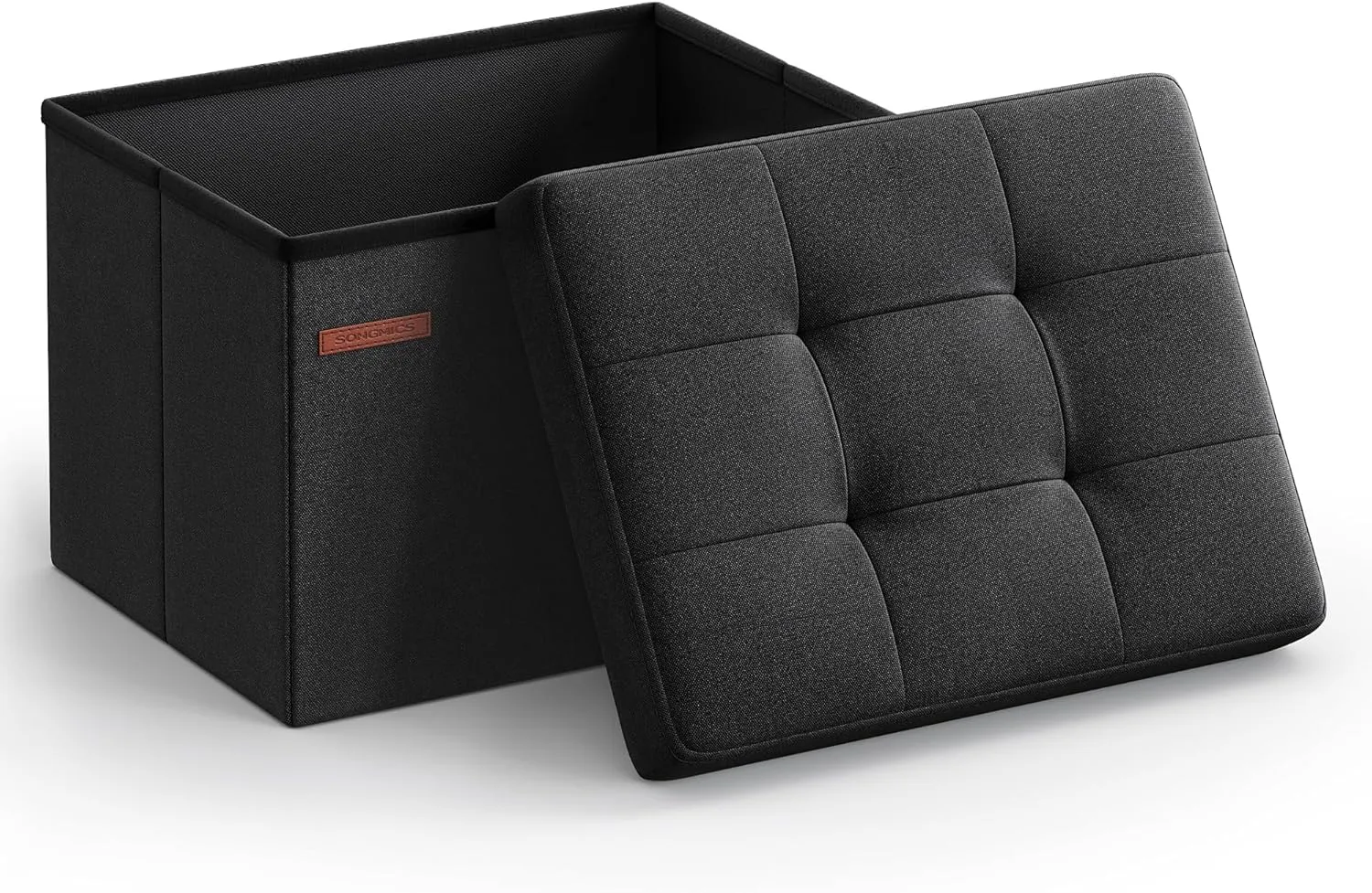 SONGMICS MAZIE Collection - Small Folding Storage Ottoman, Foot Rest Stool, 12.2 x 16.1 x 12.2 Inches, 286 lb Load Capacity, for Living Room, Bedroom, Home Office, Dorm, Ink Black ULSF102B01