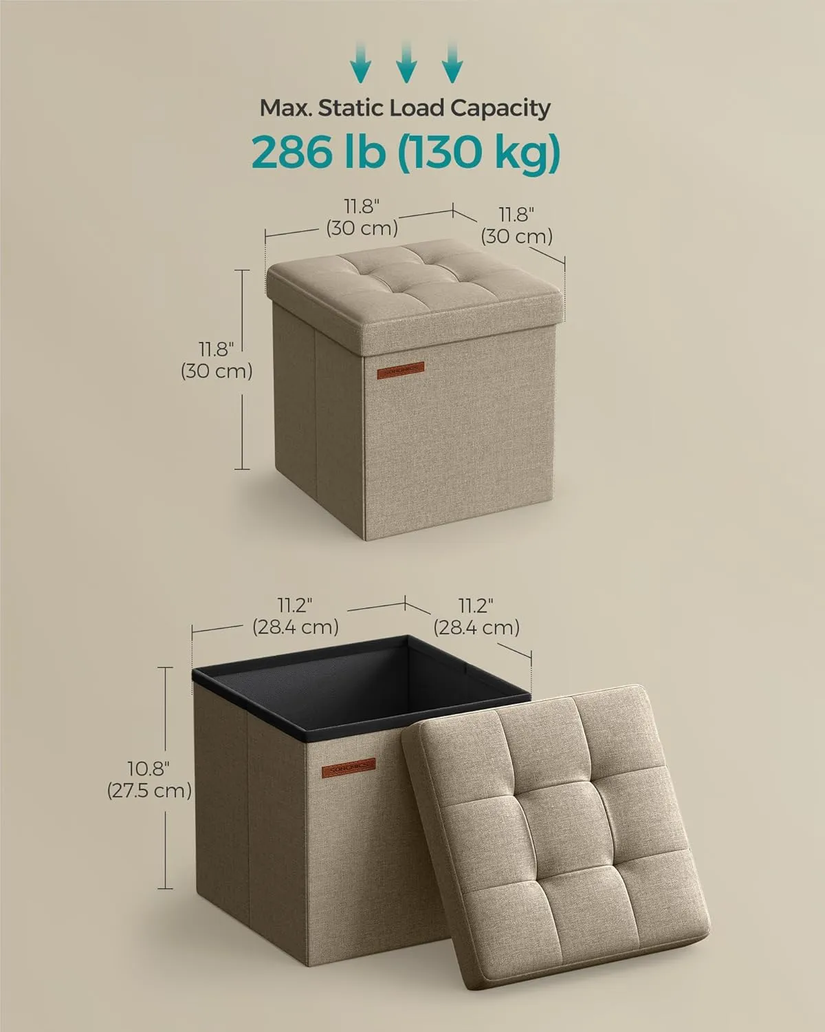 SONGMICS Storage Ottoman, Foldable Small Ottoman Foot Rest, 11.8 Inches Foot Stool, Cube Ottoman with Storage, Load up to 286 lb, for Living Room, Bedroom, Dorm, Camel Brown ULSF028K01