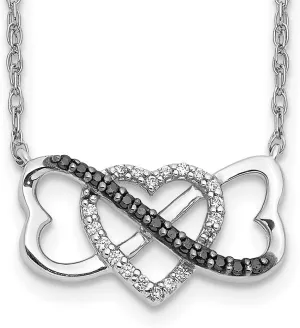 Sonia Jewels Real 14k White Gold Black and White Diamond Triple Heart Pendant Charm - with Secure Lobster Lock Clasp 18" (Width = 21mm) (.109 cttw.)