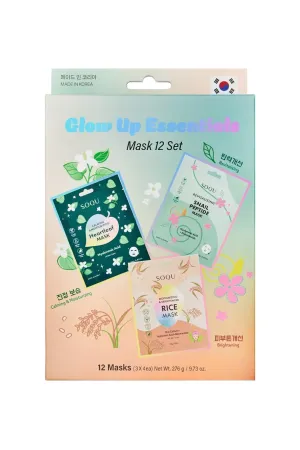 SOQU Glow Up Essentials Mask Set – 12 Premium Korean Face Masks (Rice, Snail, Heartleaf) – Hydrating, Brightening, Soothing – 23g Each 12 Pack – Ultimate Skincare for Radiant Skin – Made in Korea