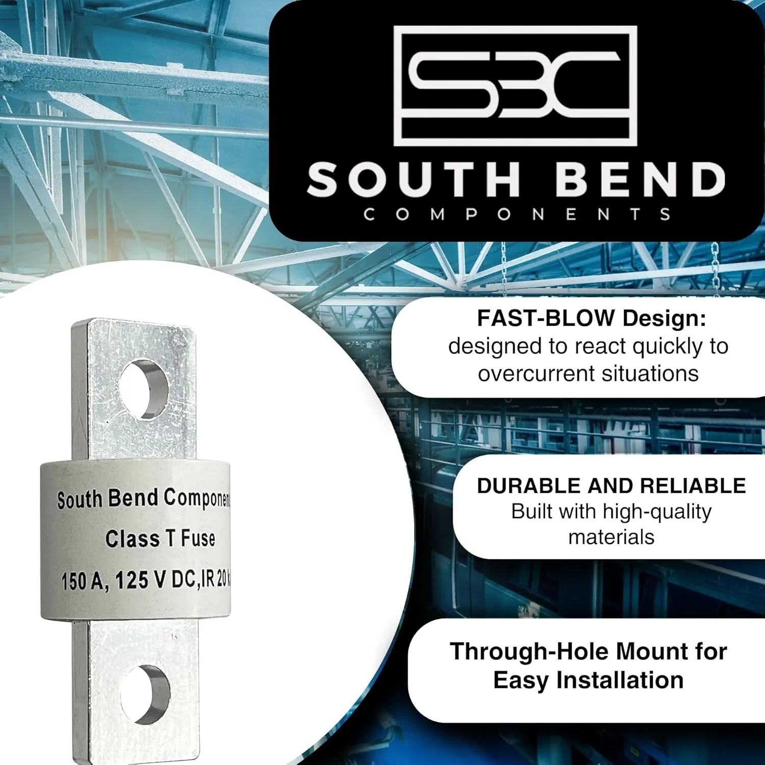 South Bend Components 150A Class T Fast Blow Fuse |150A | 125 Volts | High Current Protection for Marine, RV, Off-Grid Systems, and Battery Banks | Durable Through-Hole Mount Design (150A,1-Pack)