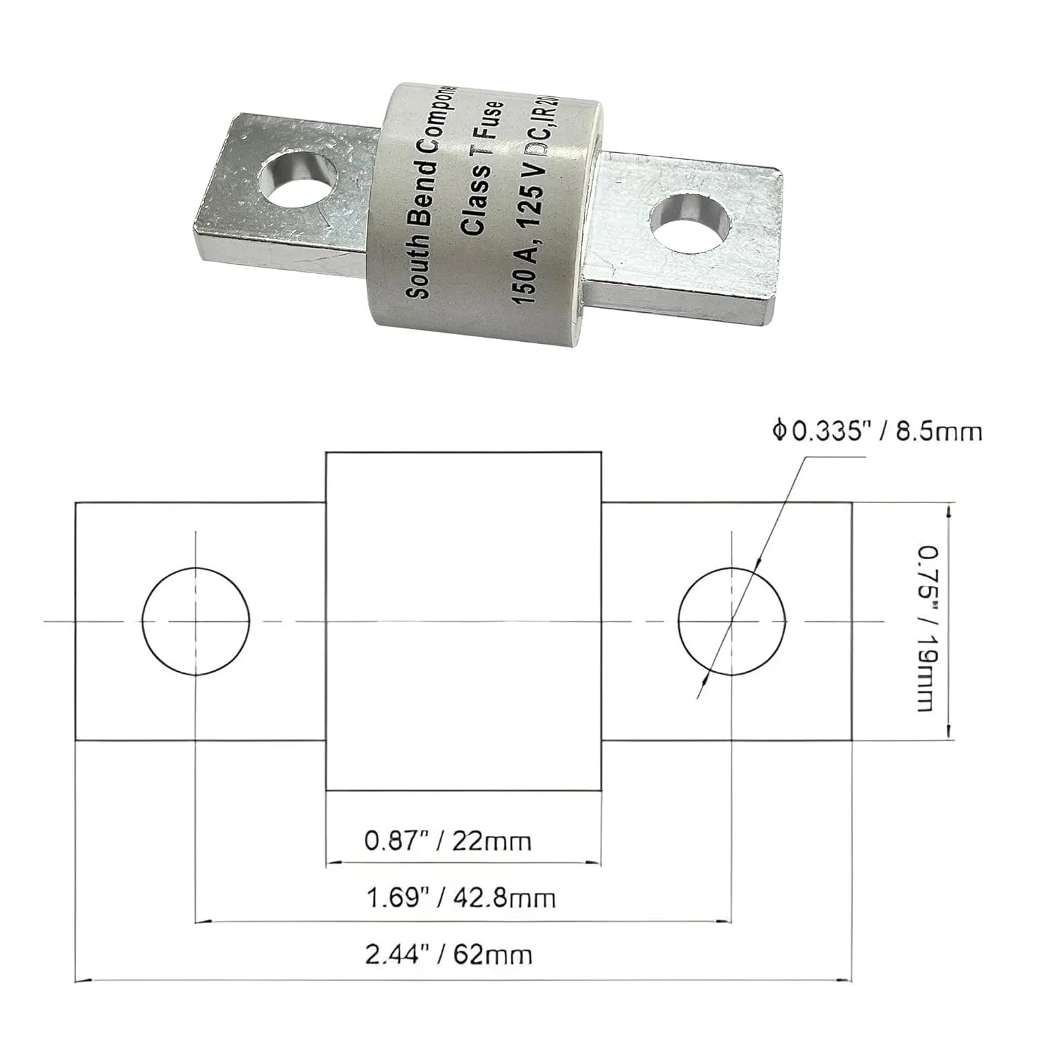 South Bend Components 150A Class T Fast Blow Fuse |150A | 125 Volts | High Current Protection for Marine, RV, Off-Grid Systems, and Battery Banks | Durable Through-Hole Mount Design (150A,1-Pack)