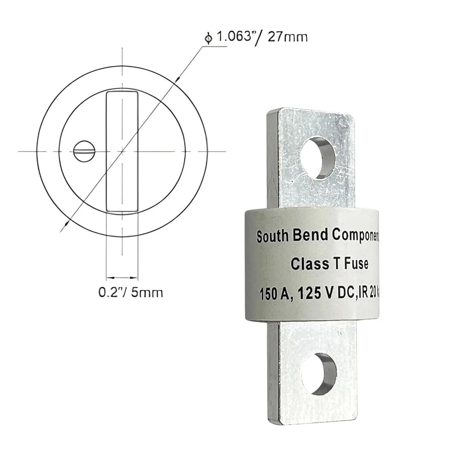 South Bend Components 150A Class T Fast Blow Fuse |150A | 125 Volts | High Current Protection for Marine, RV, Off-Grid Systems, and Battery Banks | Durable Through-Hole Mount Design (150A,1-Pack)