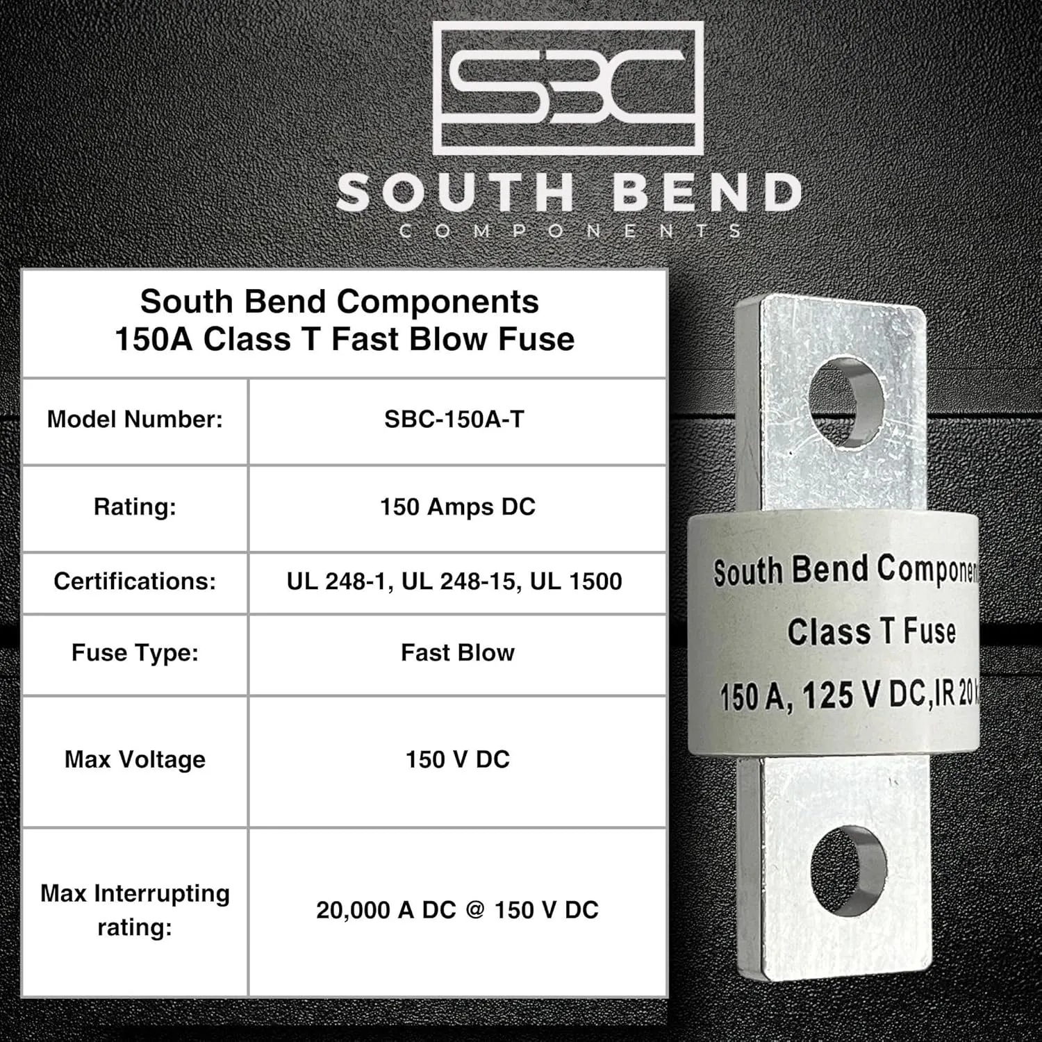 South Bend Components 150A Class T Fast Blow Fuse |150A | 125 Volts | High Current Protection for Marine, RV, Off-Grid Systems, and Battery Banks | Durable Through-Hole Mount Design (150A,1-Pack)
