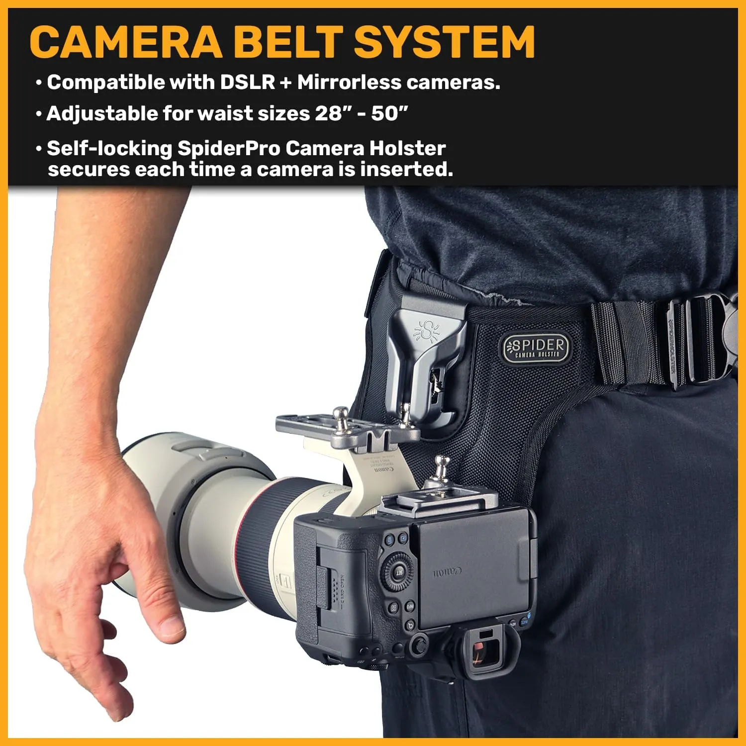 Spider Holster – SpiderPro DSLR Single Camera System v2 for Carrying ONE Professional Camera and Heavy Gear Featuring Belt with Built-In Self-Locking Camera Holster for Secure Quick-Draw Camera Access