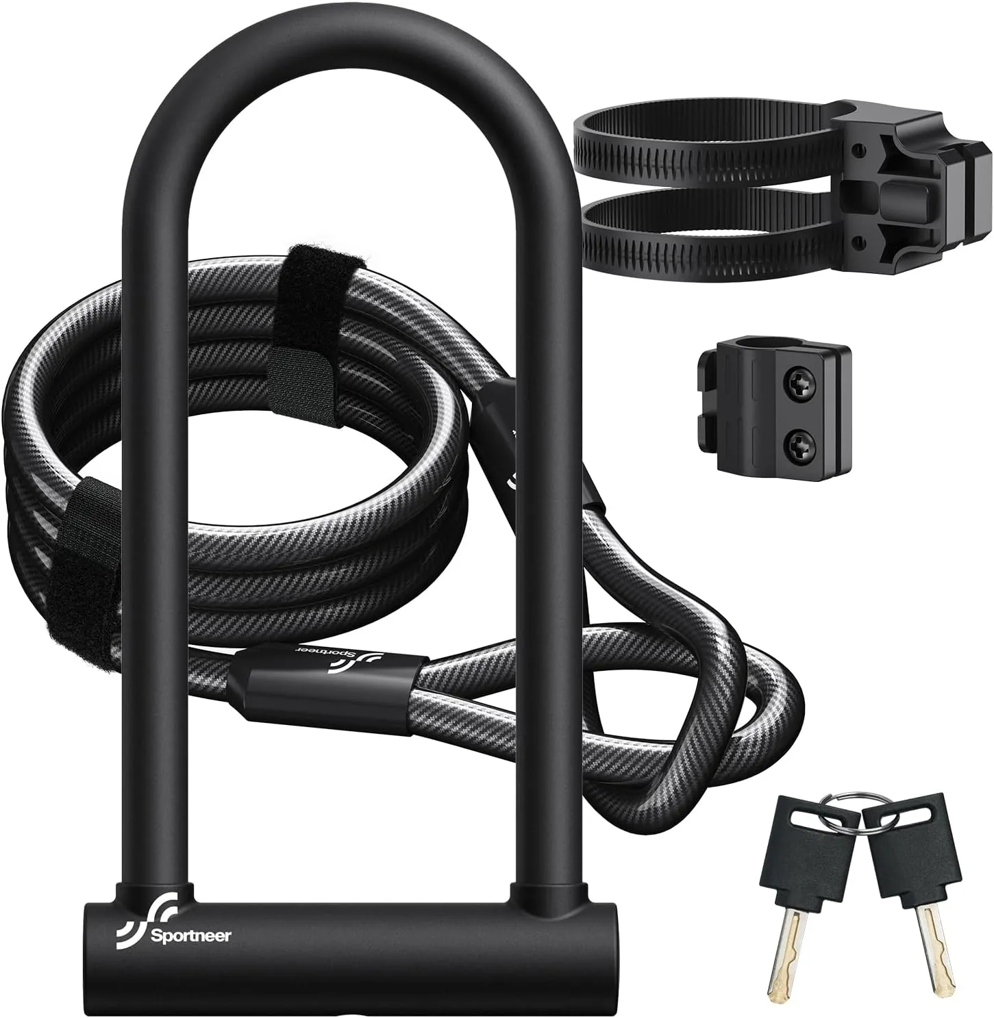 Sportneer Bike Lock: Heavy Duty Bike U Lock with 6ft Security Steel Cable - 18mm Shackle Bicycle U-Locks with Keys and Sturdy Mounting Bracket for Road Mountain Bike Bicycle, Size 11.5''x6.25''