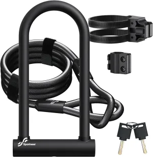 Sportneer Bike Lock: Heavy Duty Bike U Lock with 6ft Security Steel Cable - 18mm Shackle Bicycle U-Locks with Keys and Sturdy Mounting Bracket for Road Mountain Bike Bicycle, Size 11.5''x6.25''