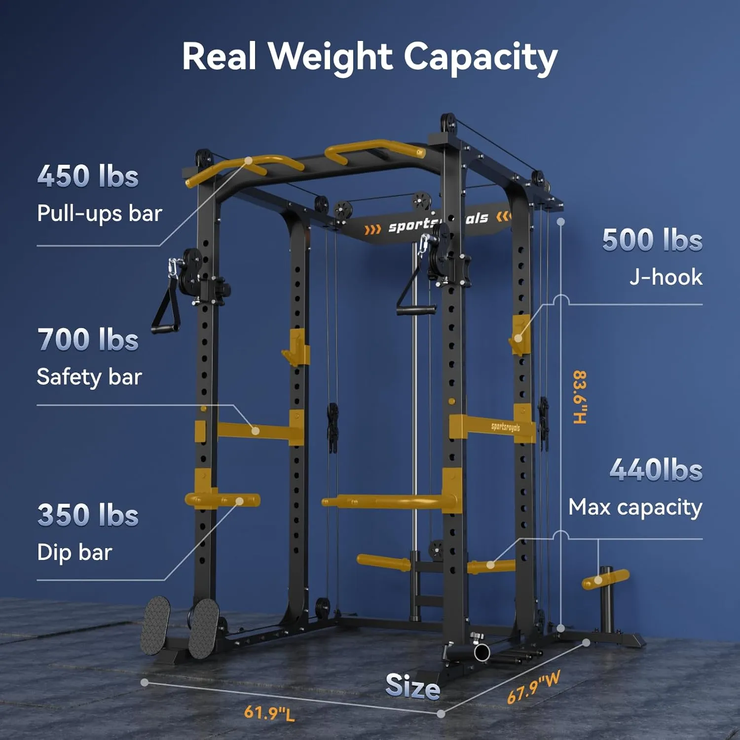 Sportsroyals Power Cage,1600lbs Multi-Function Power Rack with Adjustable Cable Crossover System and More Training Attachment, Weight Cage for Home Gym