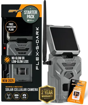 SPYPOINT Flex-S-Dark Starter Pack with SD Card - Solar Cellular Trail Camera – Built-in Solar Panel, 40MP Photos, 1080p Videos   Sound, No-Glow Game Camera, Night Vision, Motion Activated Trail Cam