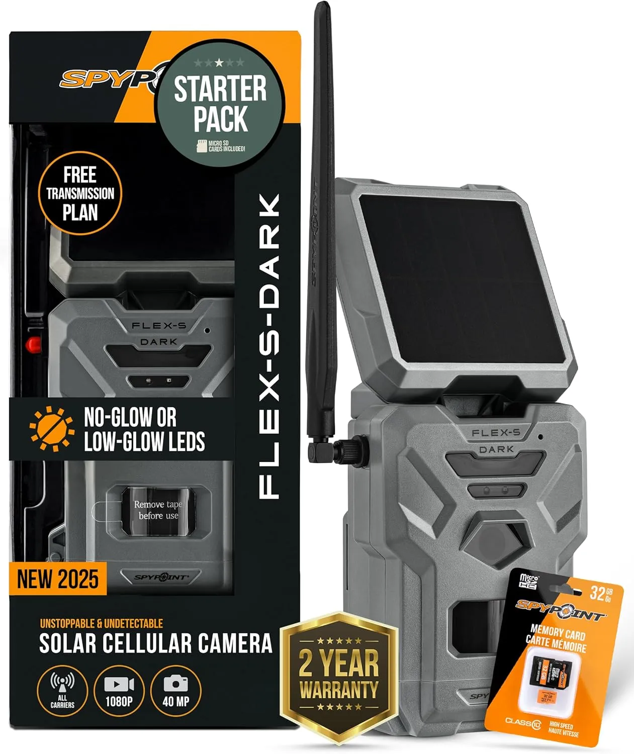 SPYPOINT Flex-S-Dark Starter Pack with SD Card - Solar Cellular Trail Camera – Built-in Solar Panel, 40MP Photos, 1080p Videos   Sound, No-Glow Game Camera, Night Vision, Motion Activated Trail Cam