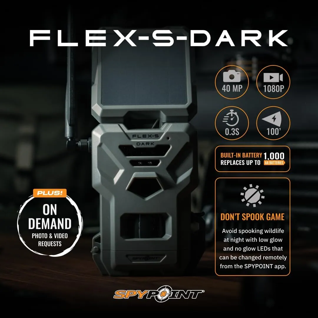 SPYPOINT Flex-S-Dark Starter Pack with SD Card - Solar Cellular Trail Camera – Built-in Solar Panel, 40MP Photos, 1080p Videos   Sound, No-Glow Game Camera, Night Vision, Motion Activated Trail Cam